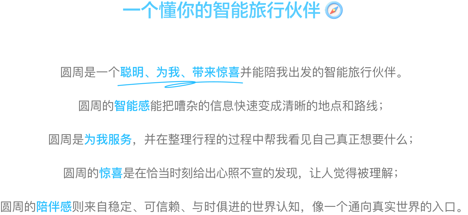 一个懂你的智能旅行伙伴。圆周聪明、为你、带来惊喜，并陪你出发；拥有智能感、服务意识、惊喜与陪伴感。